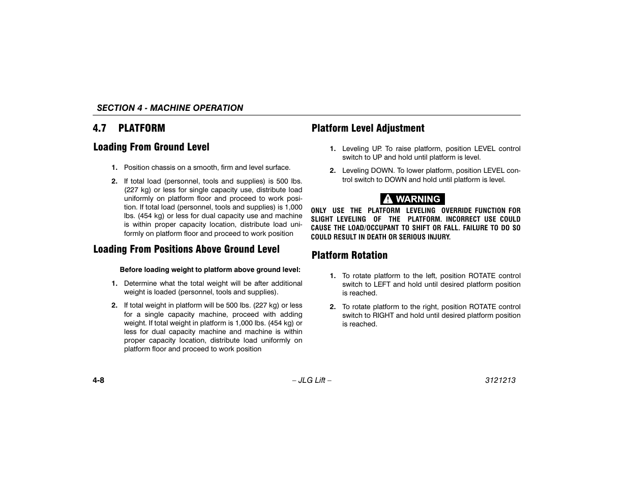 7 platform, Loading from ground level, Loading from positions above ground level | Platform level adjustment, Platform rotation, Platform -8, 7 platform loading from ground level | JLG 150HAX Operator Manual User Manual | Page 60 / 110