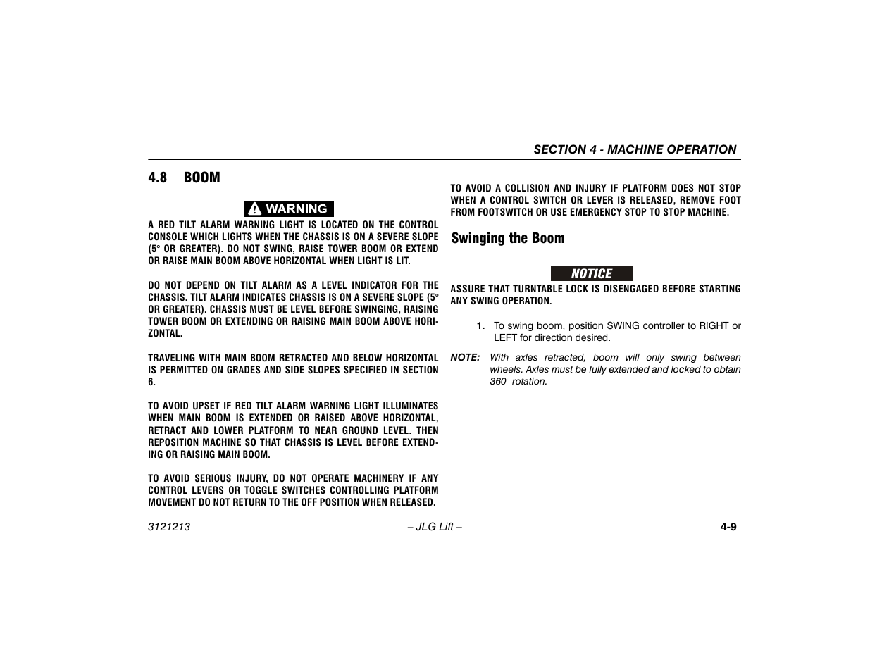 8 boom, Swinging the boom, Boom -9 | Swinging the boom -9 | JLG 150HAX Operator Manual User Manual | Page 61 / 110