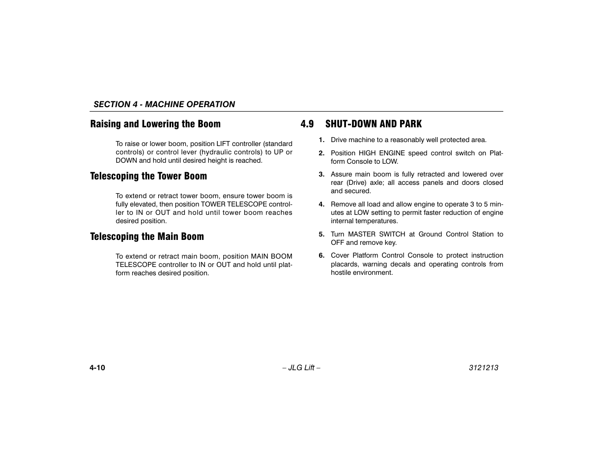 Raising and lowering the boom, Telescoping the tower boom, Telescoping the main boom | 9 shut-down and park, Shut-down and park -10 | JLG 150HAX Operator Manual User Manual | Page 62 / 110