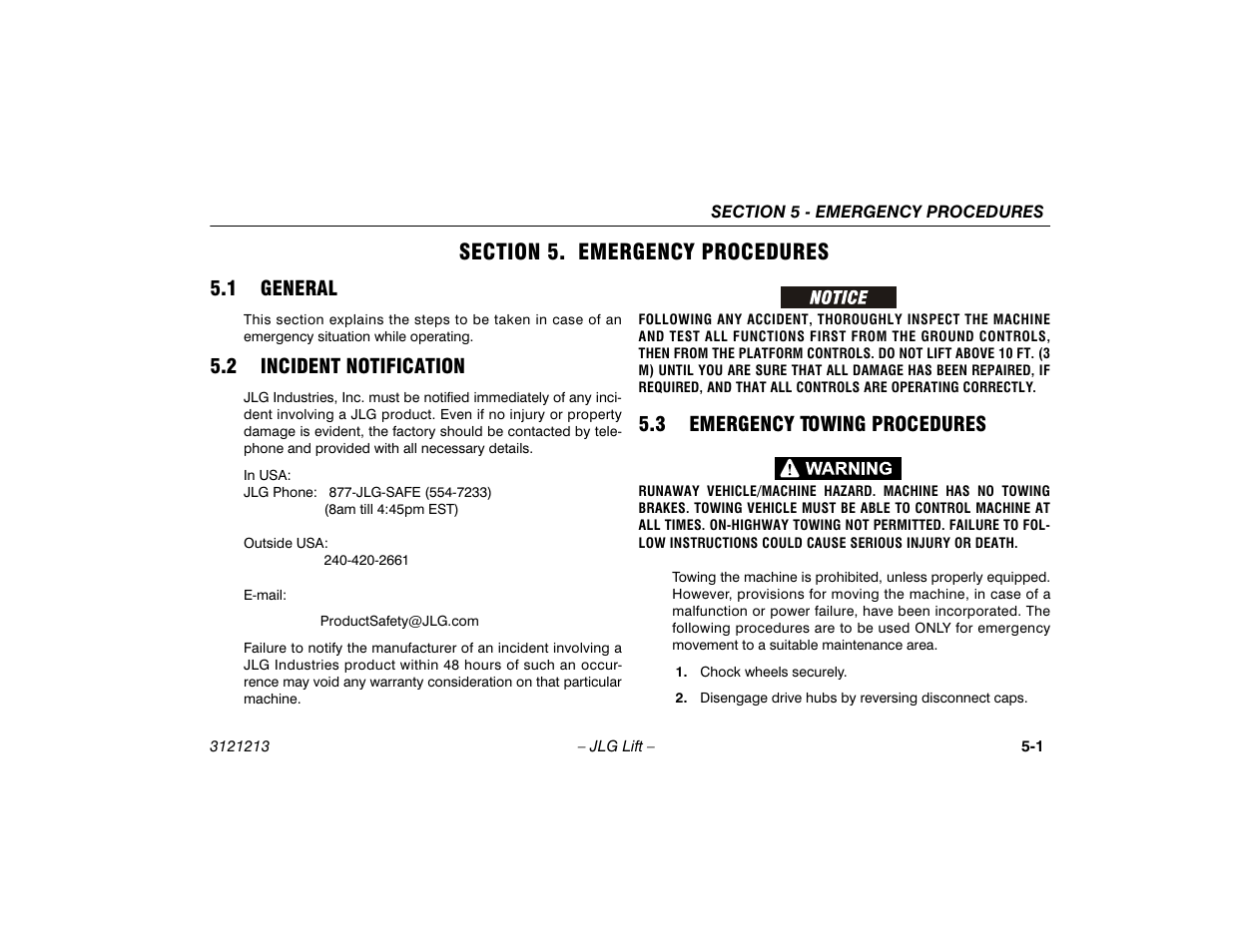 Section 5. emergency procedures, 1 general, 2 incident notification | 3 emergency towing procedures, Section - 5 - emergency procedures, General -1, Incident notification -1, Emergency towing procedures -1 | JLG 150HAX Operator Manual User Manual | Page 75 / 110