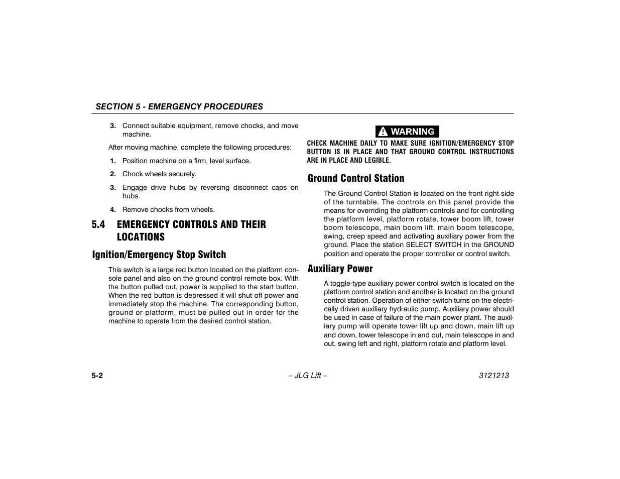 4 emergency controls and their locations, Ignition/emergency stop switch, Ground control station | Auxiliary power, Emergency controls and their, Locations -2 | JLG 150HAX Operator Manual User Manual | Page 76 / 110