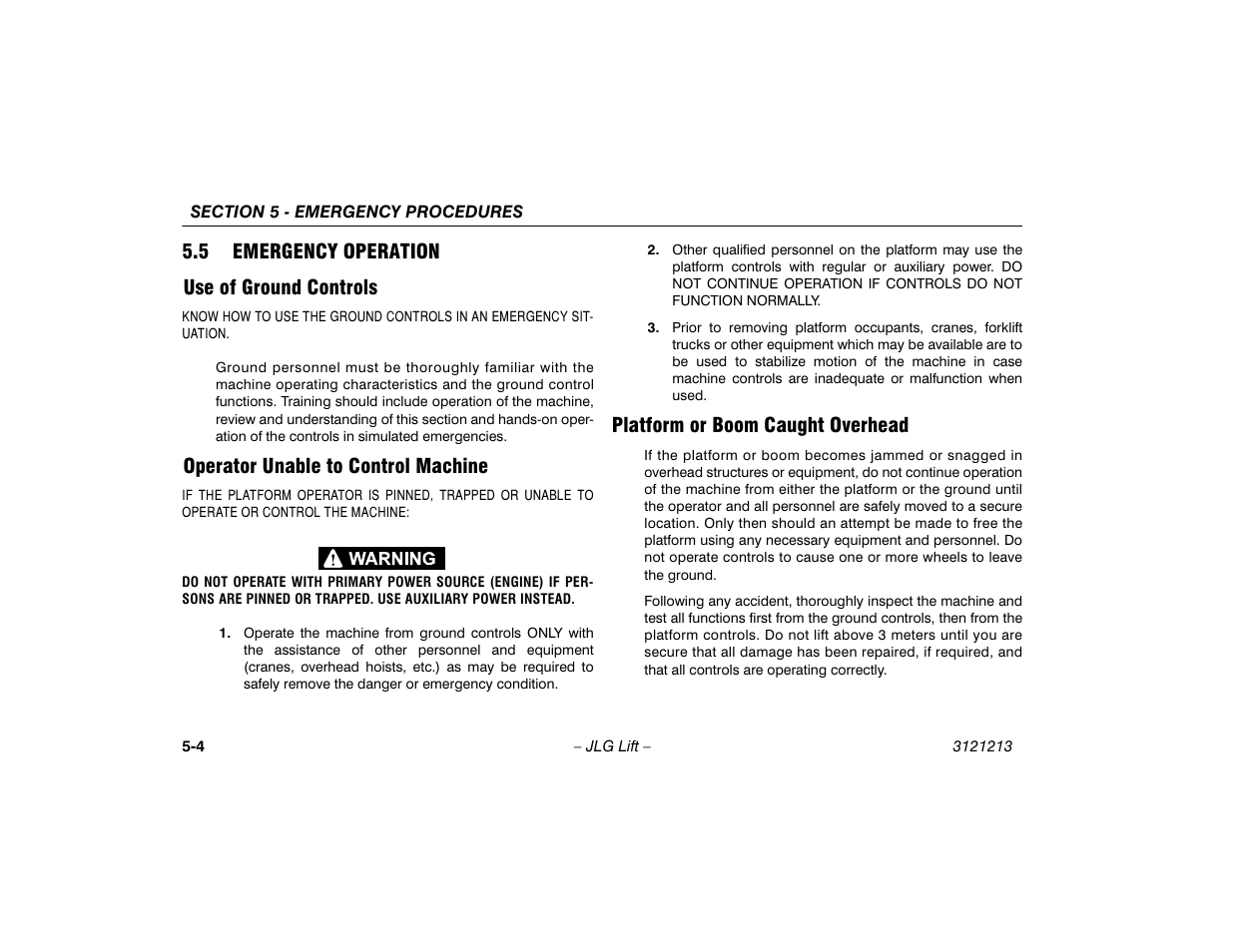 5 emergency operation, Use of ground controls, Operator unable to control machine | Platform or boom caught overhead, Emergency operation -4, 5 emergency operation use of ground controls | JLG 150HAX Operator Manual User Manual | Page 78 / 110