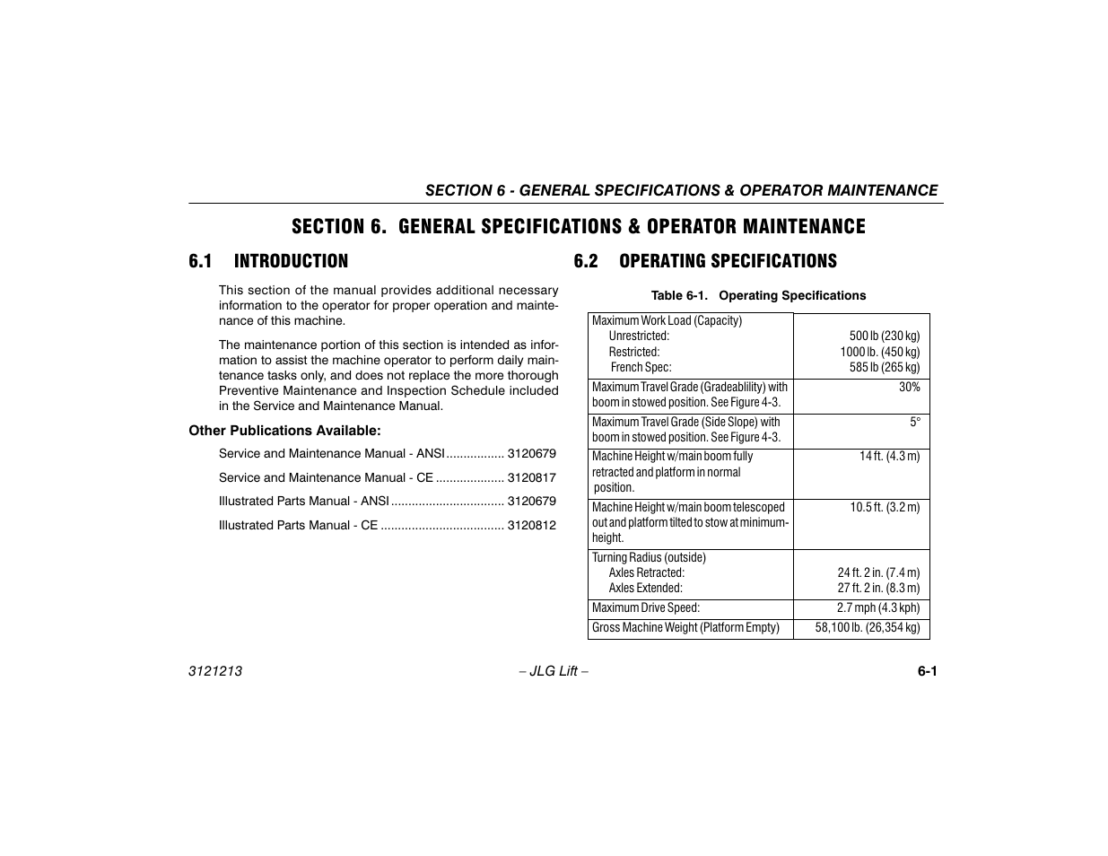 1 introduction, 2 operating specifications, Section - 6 - general specifications & operator | Maintenance, Introduction -1, Operating specifications -1 | JLG 150HAX Operator Manual User Manual | Page 79 / 110