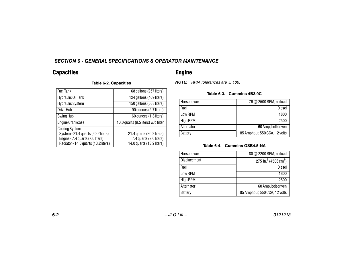 Capacities, Engine, Capacities -2 engine -2 | Capacities -2, Cummins 4b3.9c -2, Cummins qsb4.5-na -2, Capacities engine | JLG 150HAX Operator Manual User Manual | Page 80 / 110