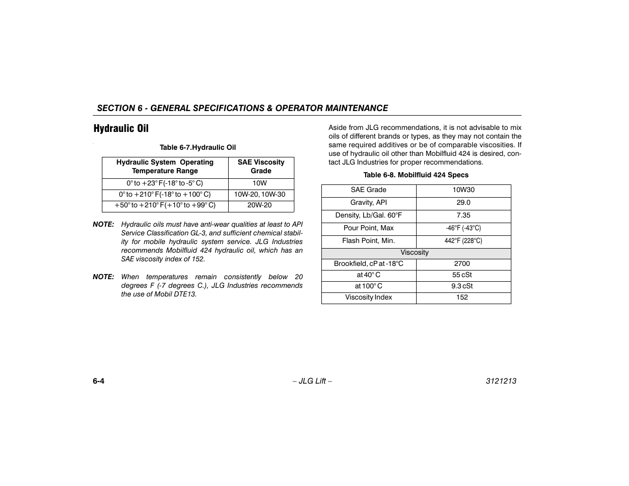 Hydraulic oil, Hydraulic oil -4, Mobilfluid 424 specs -4 | JLG 150HAX Operator Manual User Manual | Page 82 / 110