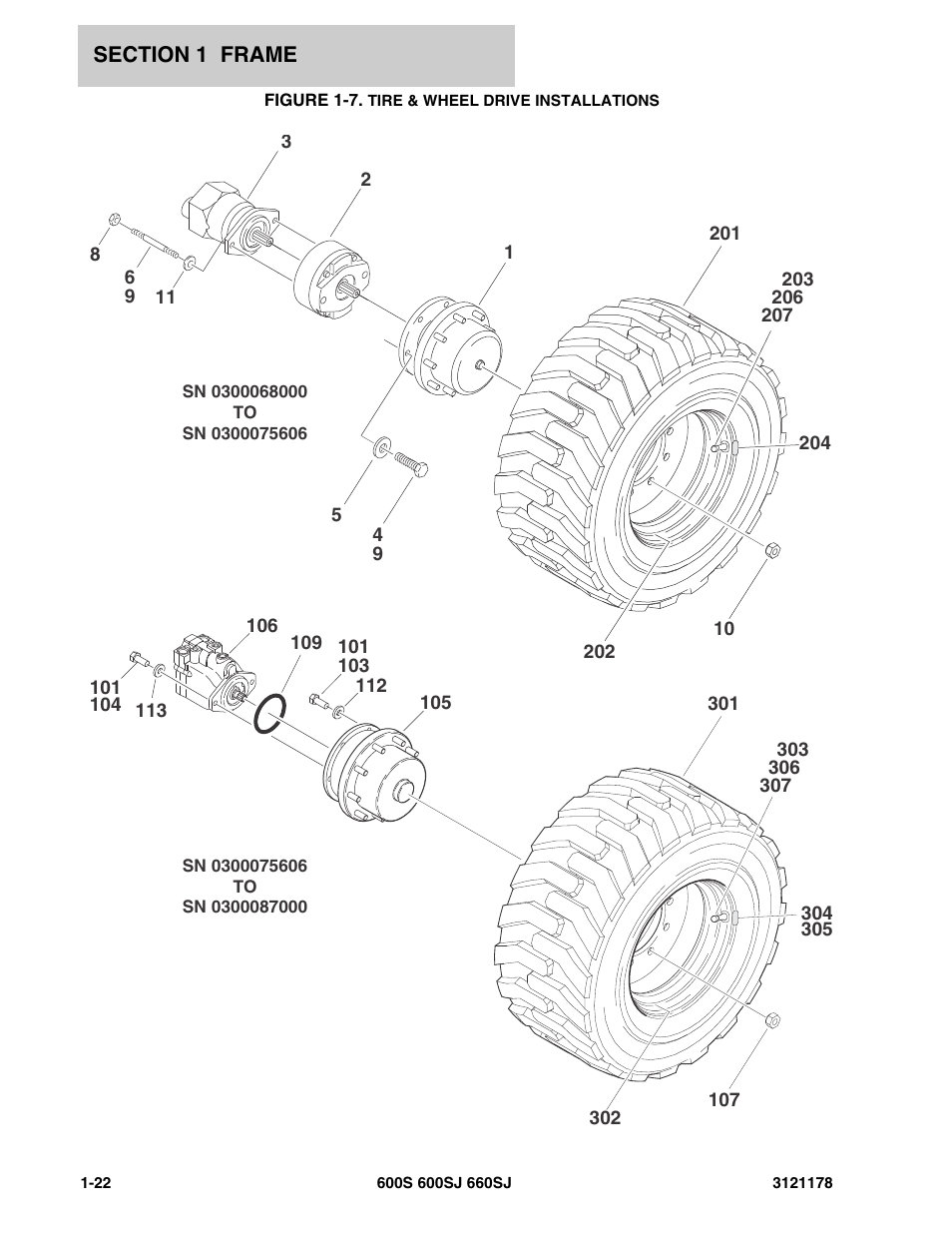 Figure 1-7. tire & wheel drive installations, Tire | JLG 660SJ ANSI Parts Manual User Manual | Page 30 / 346