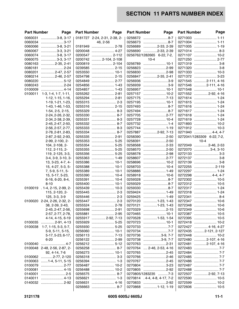 Section 11 parts number index, 11 - parts number index -1 | JLG 660SJ ANSI Parts Manual User Manual | Page 331 / 346