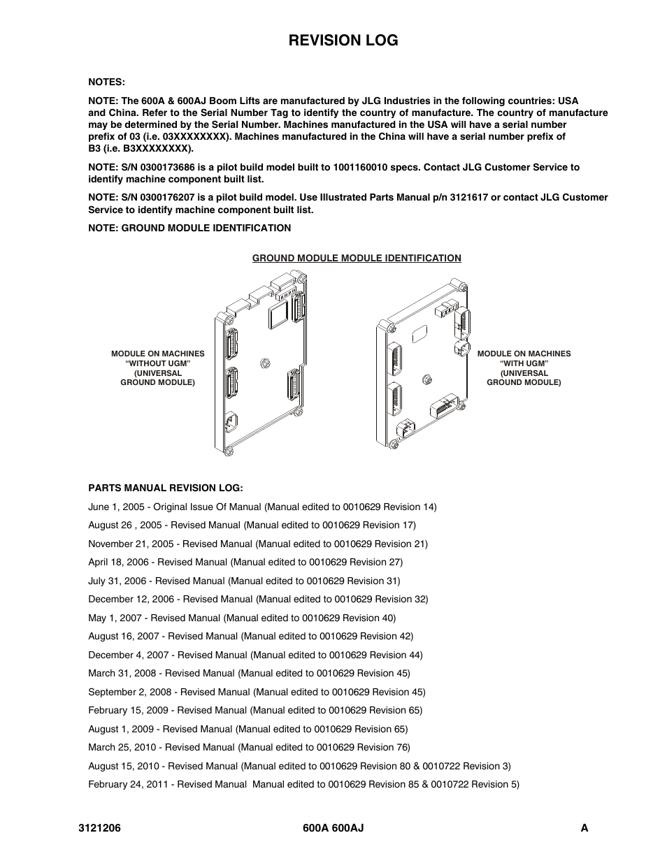 Revision log | JLG 600A_AJ Parts Manual User Manual | Page 3 / 428