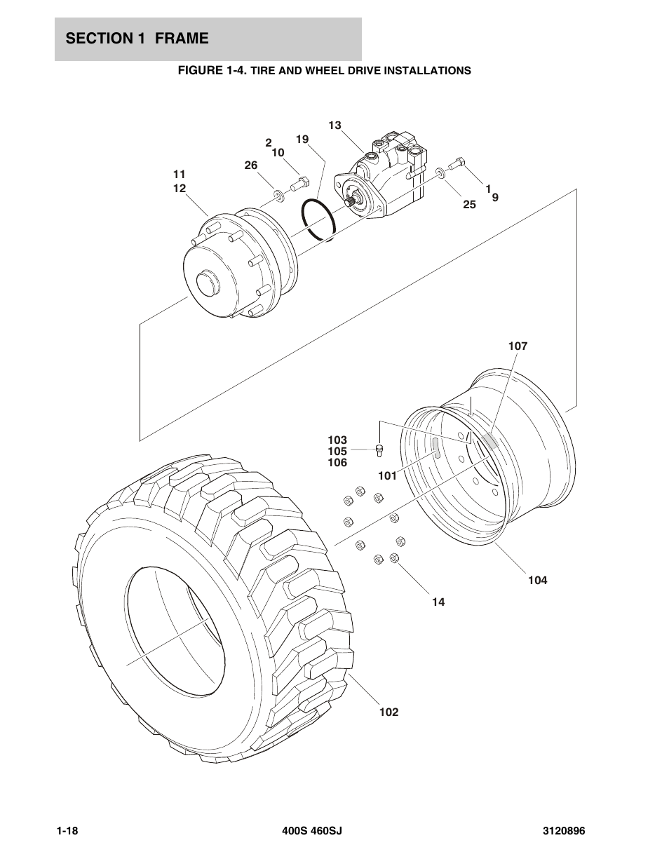 Figure 1-4. tire and wheel drive installations, Tire | JLG 460SJ Parts Manual User Manual | Page 24 / 292