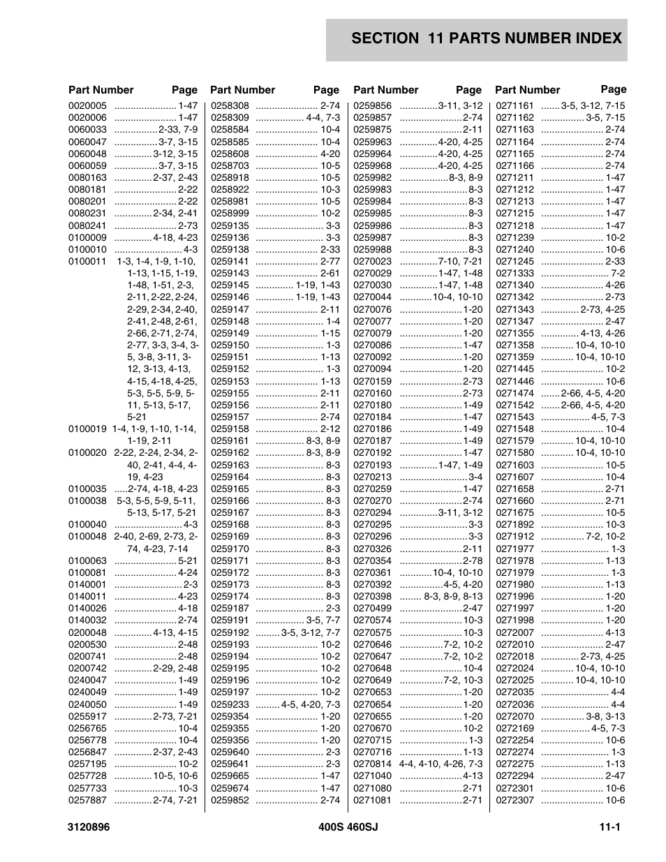 Section 11 parts number index, 11 - parts number index -1 | JLG 460SJ Parts Manual User Manual | Page 279 / 292
