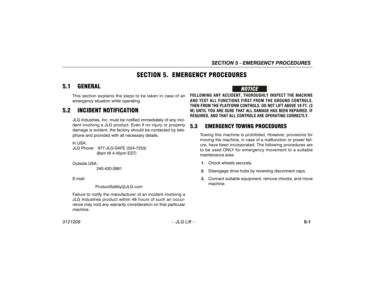 Section 5. emergency procedures, 1 general, 2 incident notification | 3 emergency towing procedures, Section - 5 - emergency procedures | JLG 800A_AJ Operator Manual User Manual | Page 105 / 150