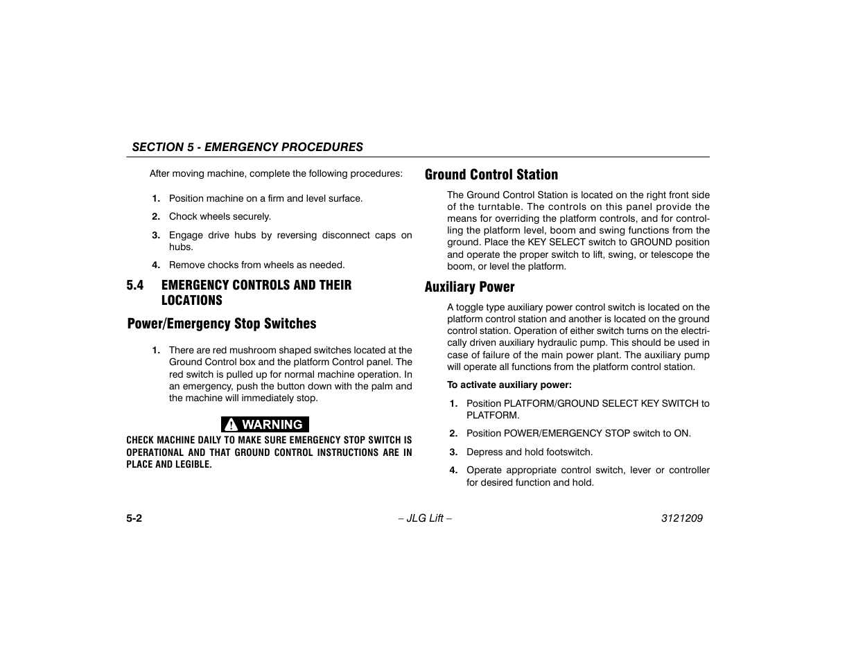 4 emergency controls and their locations, Power/emergency stop switches, Ground control station | Auxiliary power, 4 emergency controls and their, Locations -2 | JLG 800A_AJ Operator Manual User Manual | Page 106 / 150