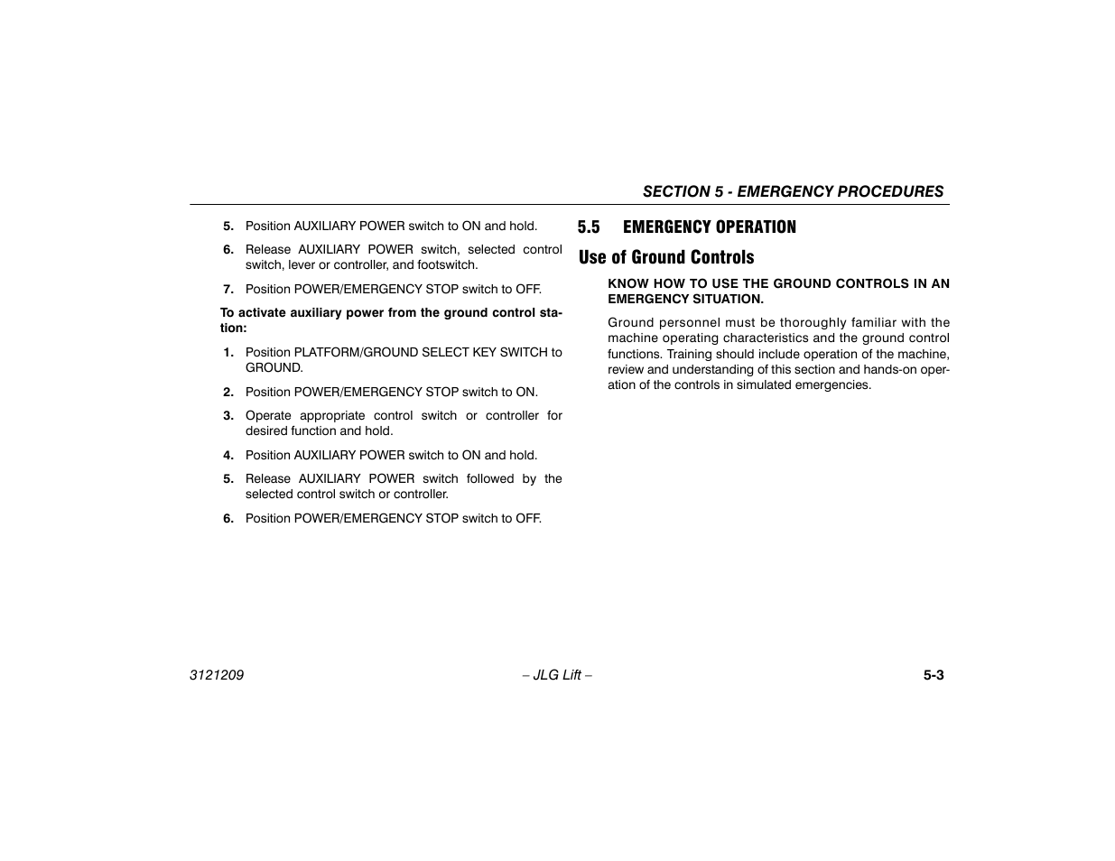 5 emergency operation, Use of ground controls, 5 emergency operation -3 | Use of ground controls -3 | JLG 800A_AJ Operator Manual User Manual | Page 107 / 150