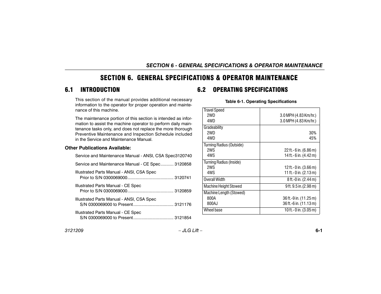 1 introduction, 2 operating specifications, 1 introduction -1 6.2 operating specifications -1 | Operating specifications -1 | JLG 800A_AJ Operator Manual User Manual | Page 109 / 150