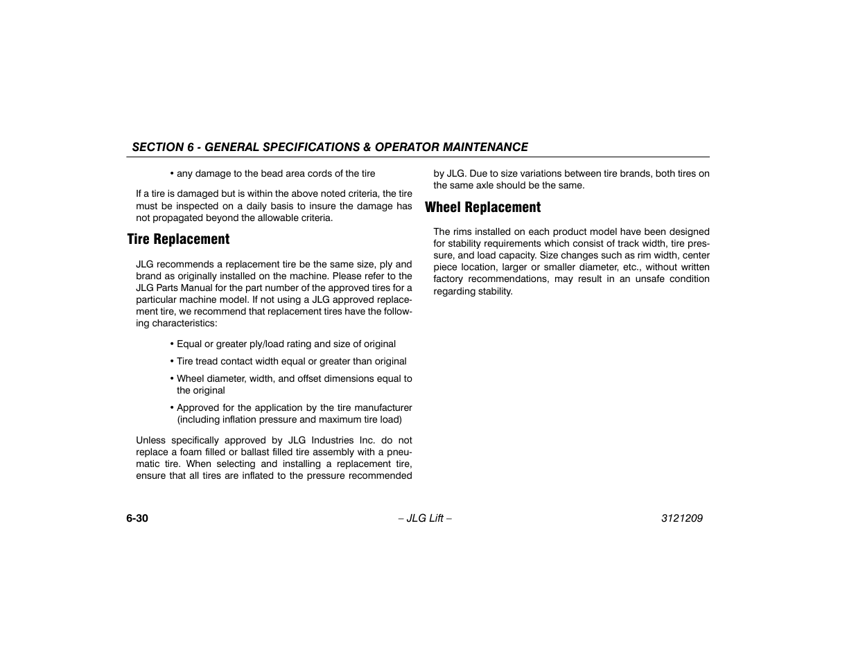 Tire replacement, Wheel replacement, Tire replacement -30 wheel replacement -30 | JLG 800A_AJ Operator Manual User Manual | Page 138 / 150