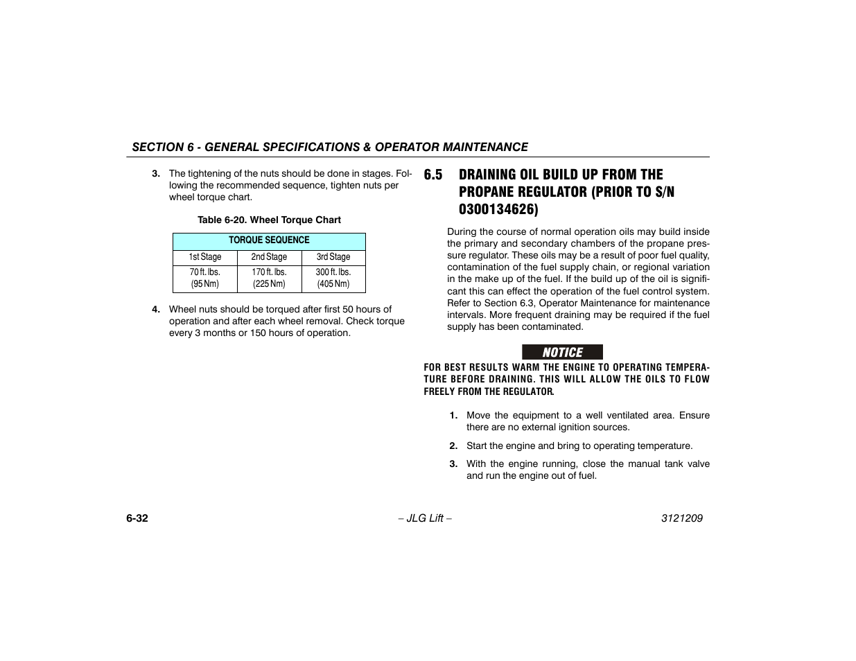 5 draining oil build up from the propane reg, Ulator -32, 20 wheel torque chart -32 | JLG 800A_AJ Operator Manual User Manual | Page 140 / 150