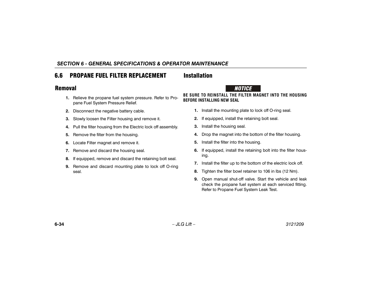 6 propane fuel filter replacement, Removal, Installation | 6 propane fuel filter replacement -34, 6 propane fuel filter replacement removal | JLG 800A_AJ Operator Manual User Manual | Page 142 / 150