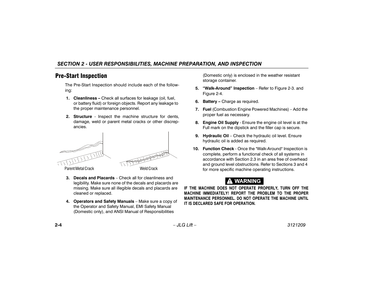 Pre-start inspection, Pre-start inspection -4 | JLG 800A_AJ Operator Manual User Manual | Page 24 / 150