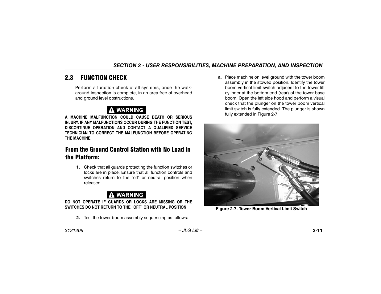 3 function check, 3 function check -11, Platform: -11 | Tower boom vertical limit switch -11 | JLG 800A_AJ Operator Manual User Manual | Page 31 / 150