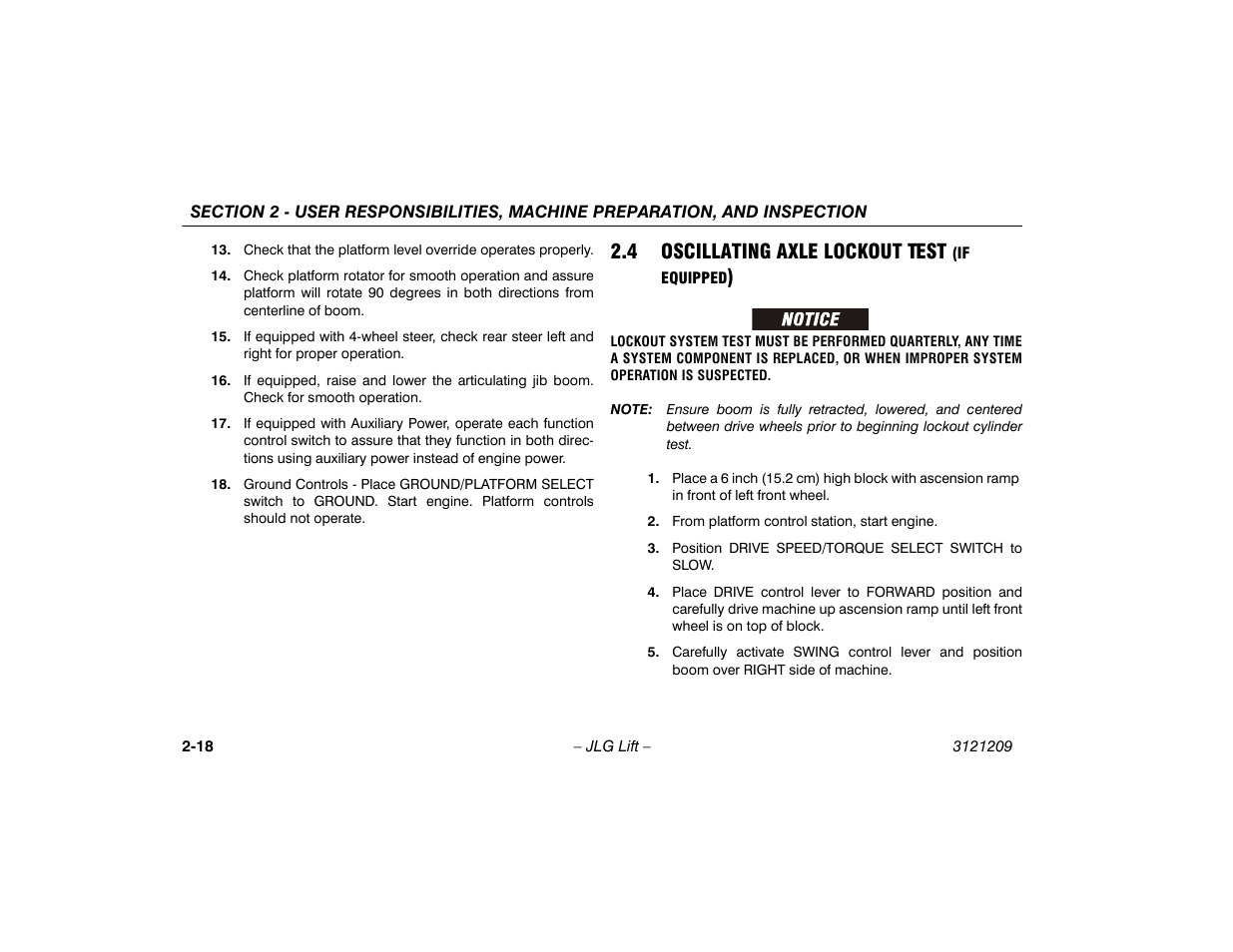 4 oscillating axle lockout test (if equipped), 4 oscillating axle lockout test, If equipped) -18 | JLG 800A_AJ Operator Manual User Manual | Page 38 / 150