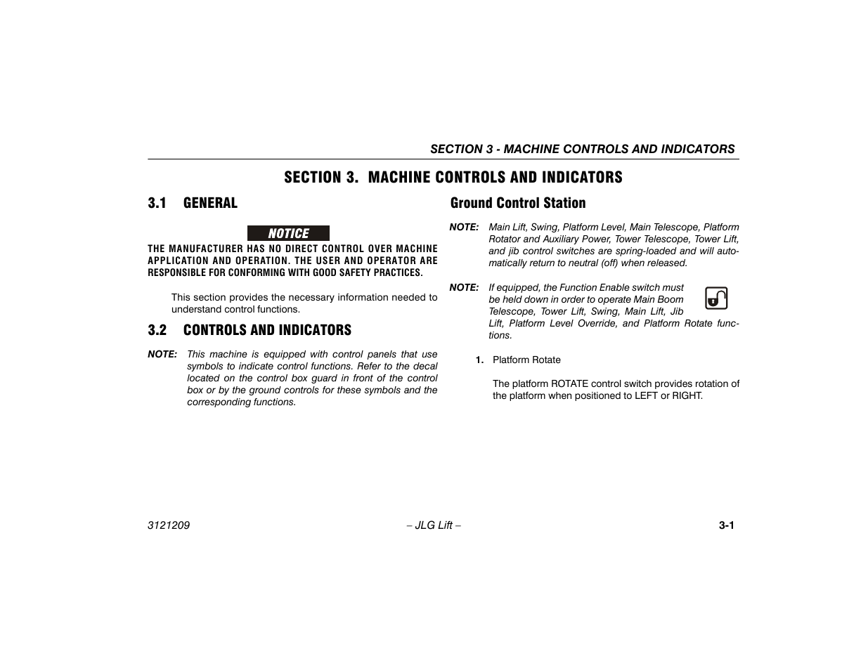 Section 3. machine controls and indicators, 1 general, 2 controls and indicators | Ground control station, Section - 3 - machine controls and indicators, 1 general -1 3.2 controls and indicators -1, Ground control station -1 | JLG 800A_AJ Operator Manual User Manual | Page 41 / 150