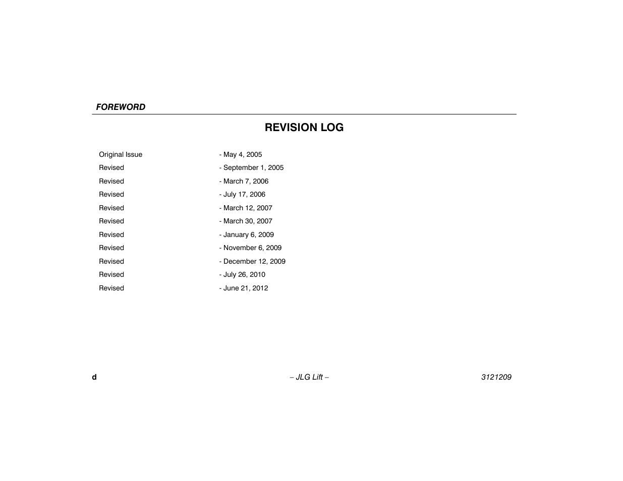 Revision log | JLG 800A_AJ Operator Manual User Manual | Page 6 / 150