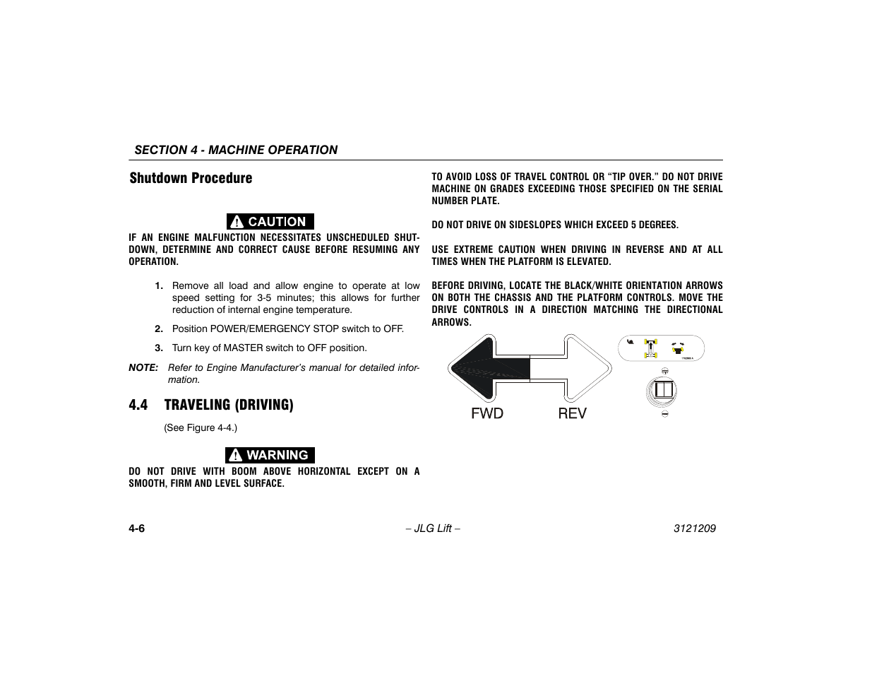 Shutdown procedure, 4 traveling (driving), Shutdown procedure -6 | 4 traveling (driving) -6 | JLG 800A_AJ Operator Manual User Manual | Page 68 / 150