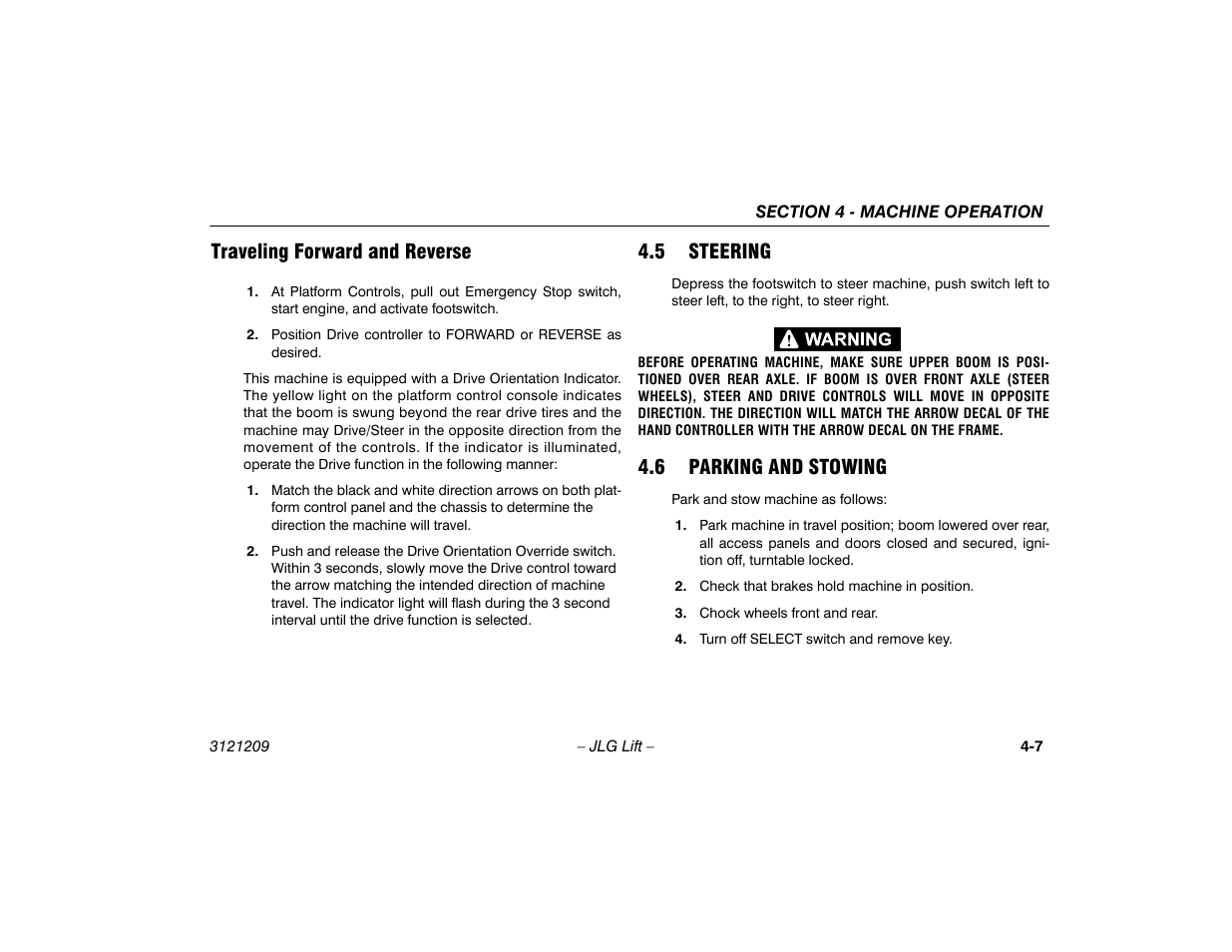 Traveling forward and reverse, 5 steering, 6 parking and stowing | Traveling forward and reverse -7, 5 steering -7 4.6 parking and stowing -7 | JLG 800A_AJ Operator Manual User Manual | Page 69 / 150