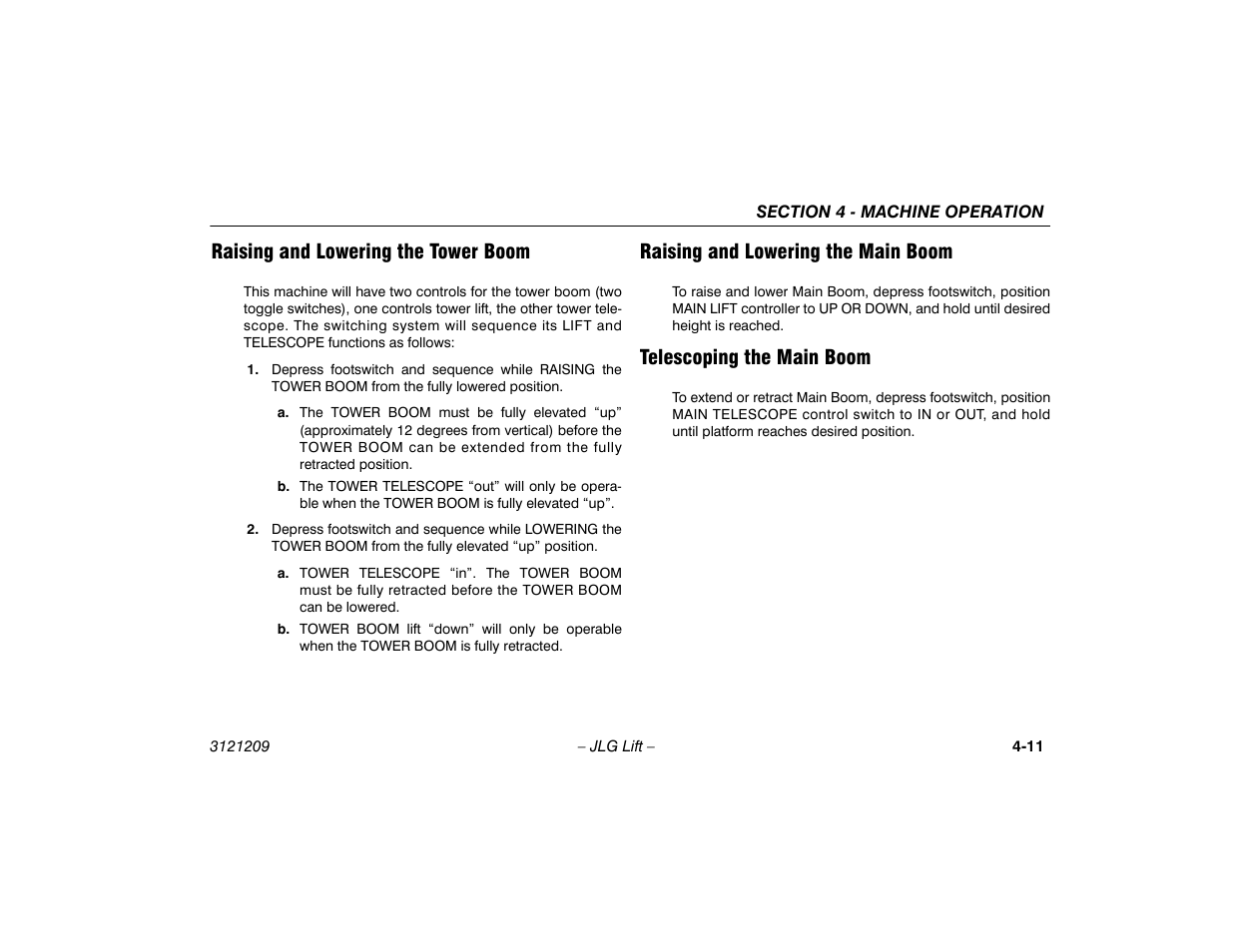 Raising and lowering the tower boom, Raising and lowering the main boom, Telescoping the main boom | JLG 800A_AJ Operator Manual User Manual | Page 73 / 150