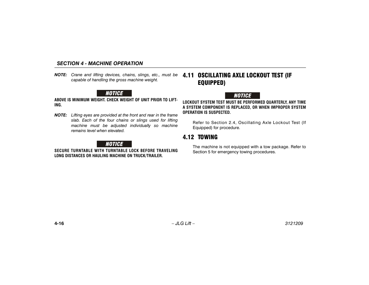 11 oscillating axle lockout test (if equipped), 12 towing, 11 oscillating axle lockout test | If equipped) -16, 12 towing -16 | JLG 800A_AJ Operator Manual User Manual | Page 78 / 150