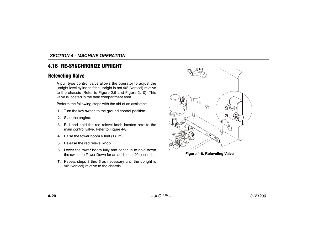 16 re-synchronize upright, Releveling valve, 16 re-synchronize upright -20 | Releveling valve -20, 16 re-synchronize upright releveling valve | JLG 800A_AJ Operator Manual User Manual | Page 82 / 150