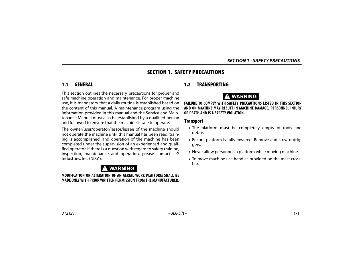 Section 1. safety precautions, 1 general, 2 transporting | Transport, Section - 1 - safety precautions, General -1, Transporting -1, Transport -1 | JLG 41AM Operator Manual User Manual | Page 11 / 98