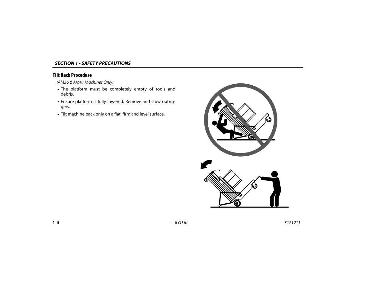 Tilt back procedure, Tilt back procedure -4 | JLG 41AM Operator Manual User Manual | Page 14 / 98