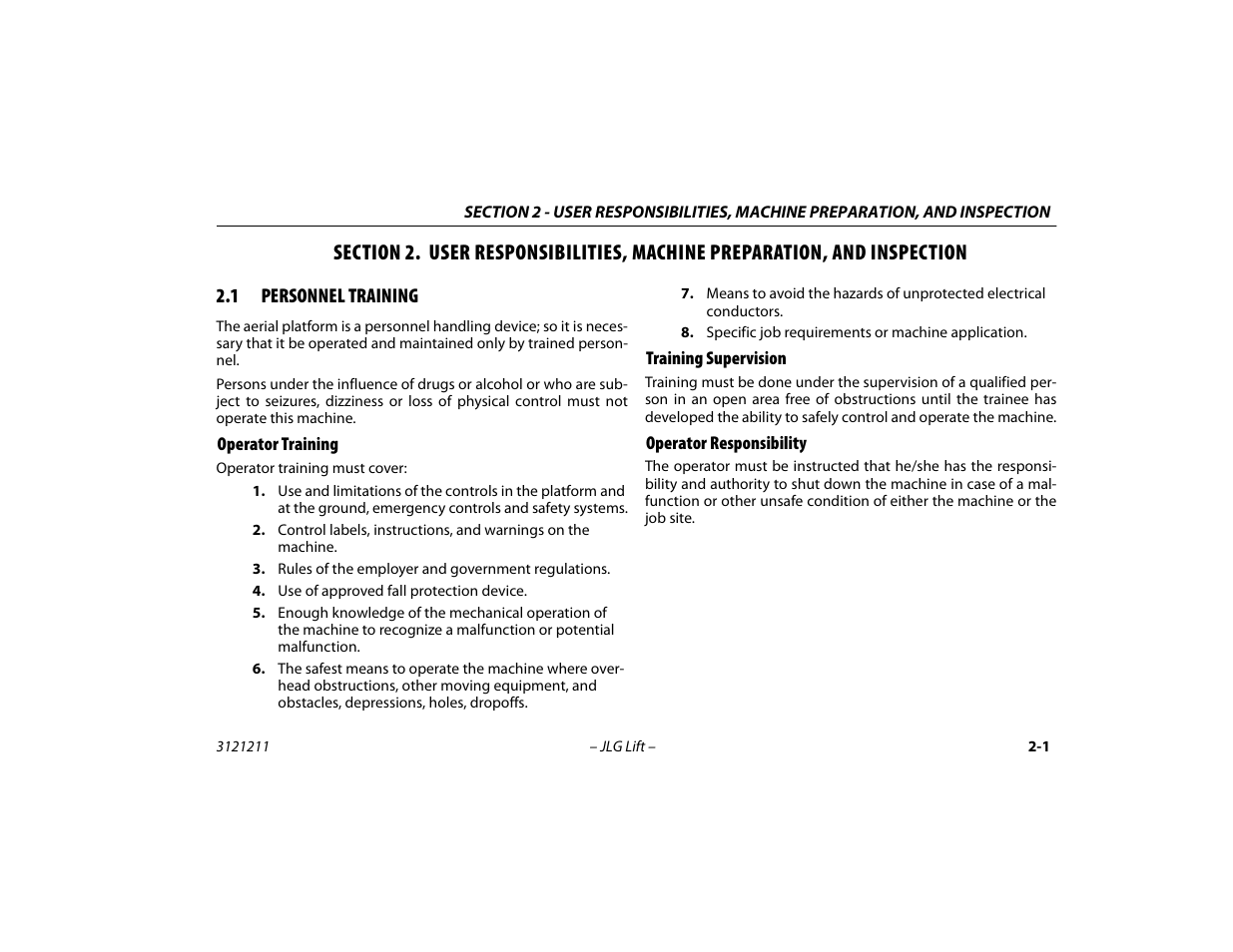 1 personnel training, Operator training, Training supervision | Operator responsibility, Personnel training -1 | JLG 41AM Operator Manual User Manual | Page 21 / 98