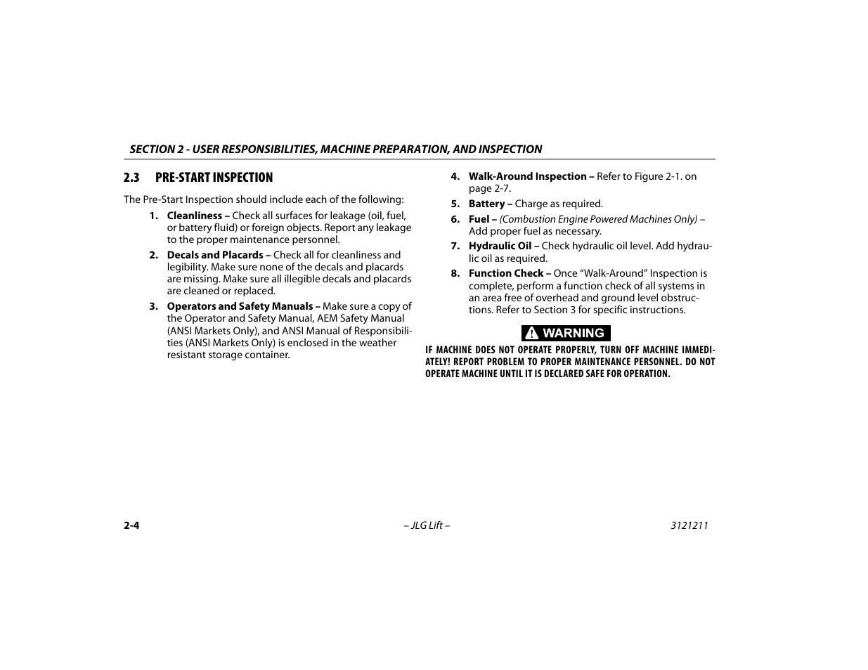 3 pre-start inspection, Pre-start inspection -4 | JLG 41AM Operator Manual User Manual | Page 24 / 98