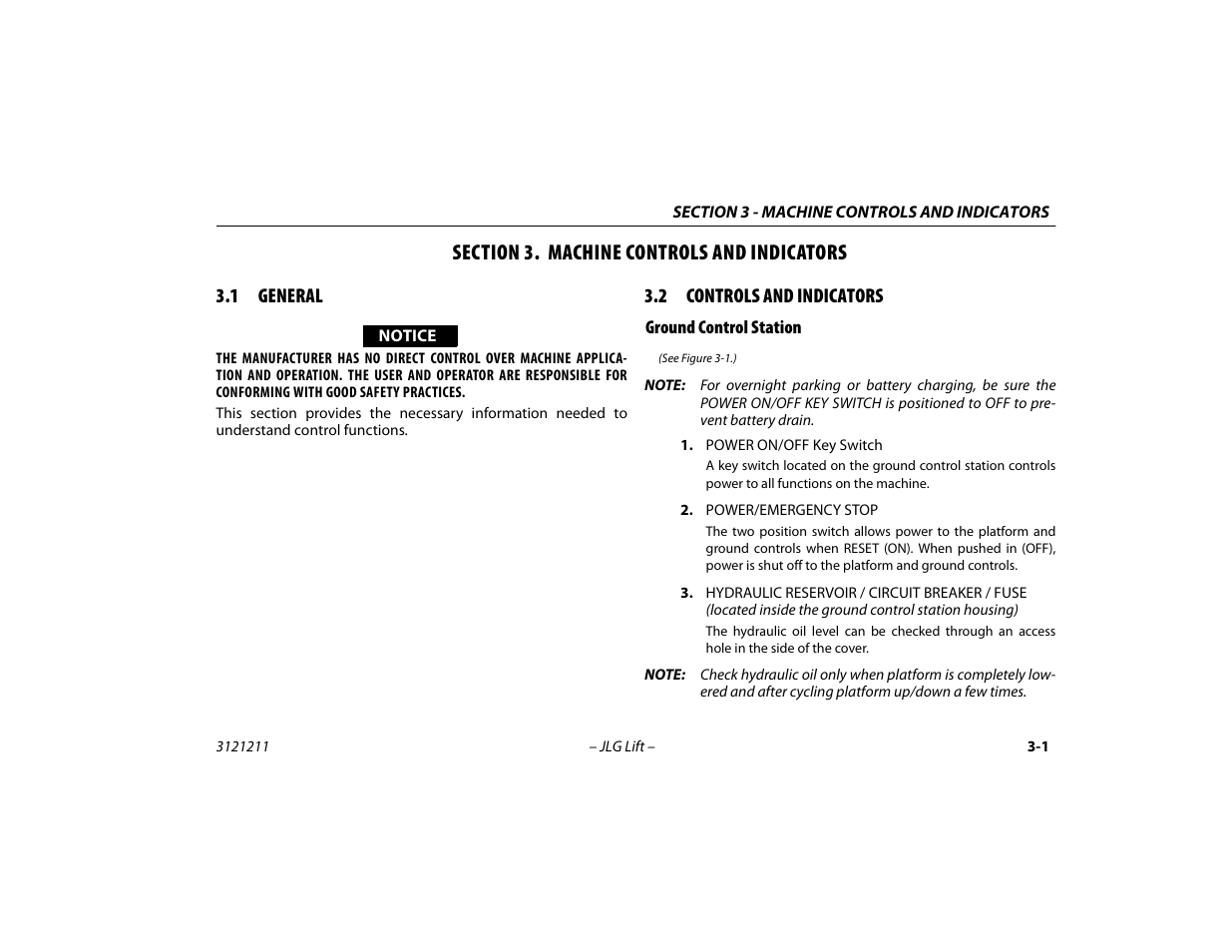 Section 3. machine controls and indicators, 1 general, 2 controls and indicators | Ground control station, Section - 3 - machine controls and indicators, General -1, Controls and indicators -1, Ground control station -1 | JLG 41AM Operator Manual User Manual | Page 29 / 98