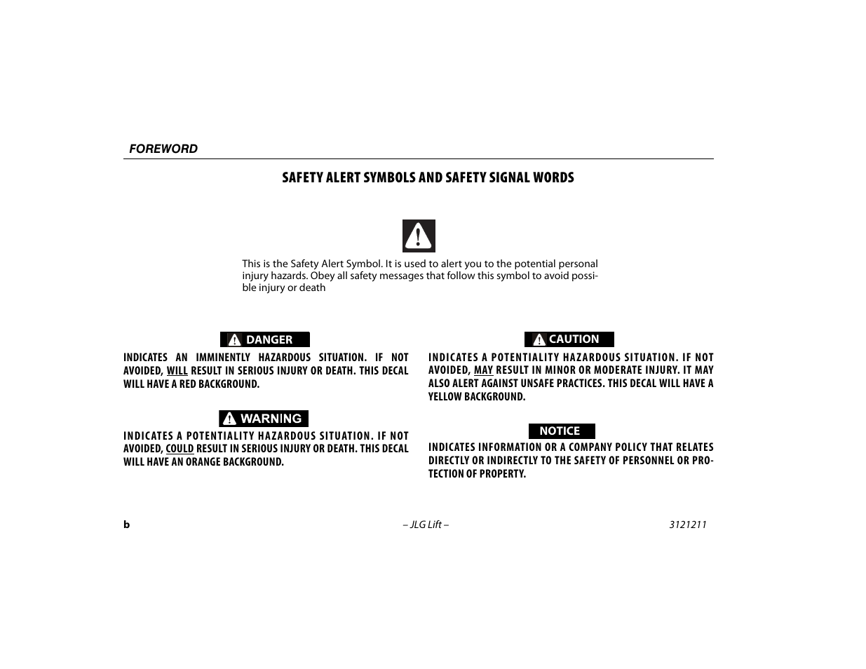 Safety alert symbols and safety signal words | JLG 41AM Operator Manual User Manual | Page 4 / 98