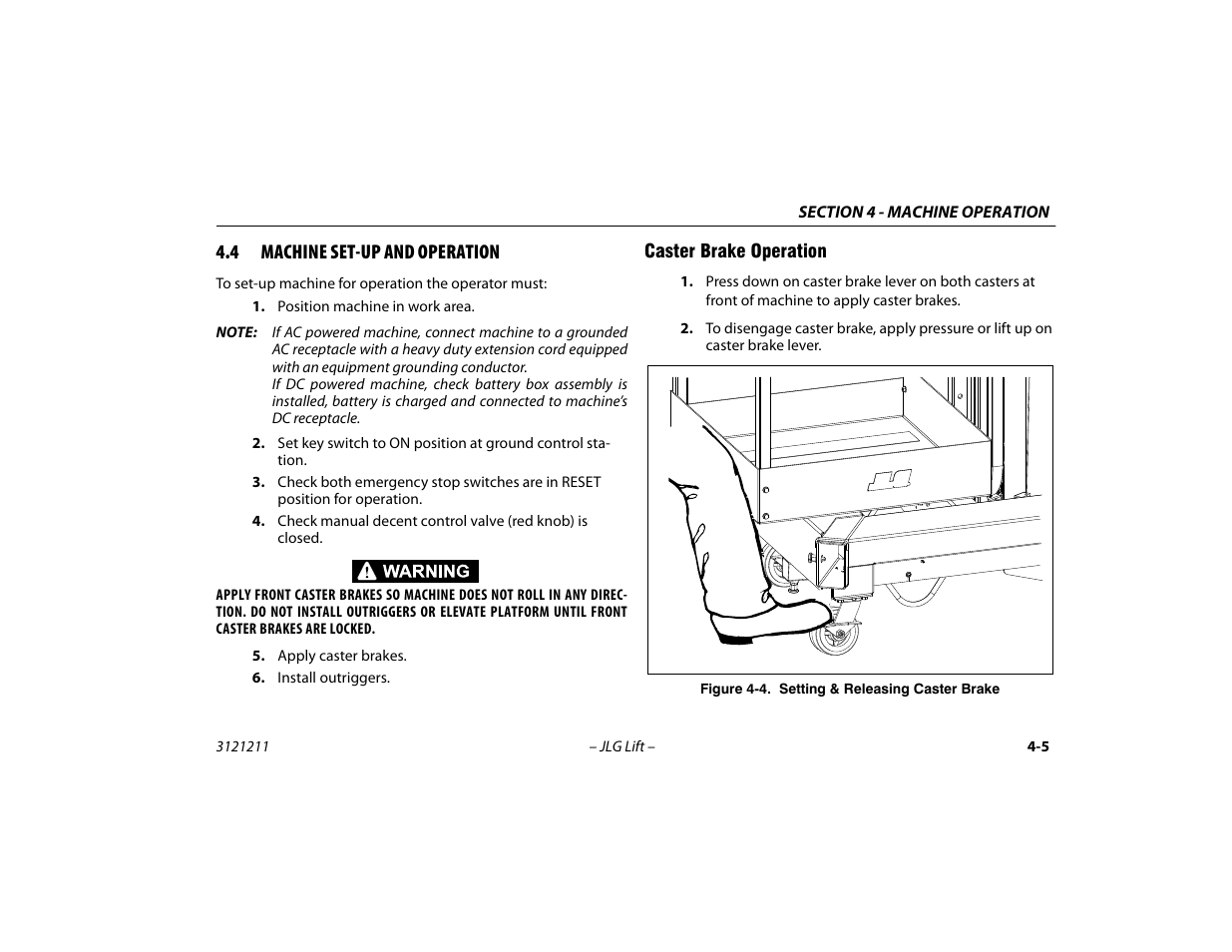 4 machine set-up and operation, Caster brake operation, Machine set-up and operation -5 | Caster brake operation -5, Setting & releasing caster brake -5 | JLG 41AM Operator Manual User Manual | Page 49 / 98