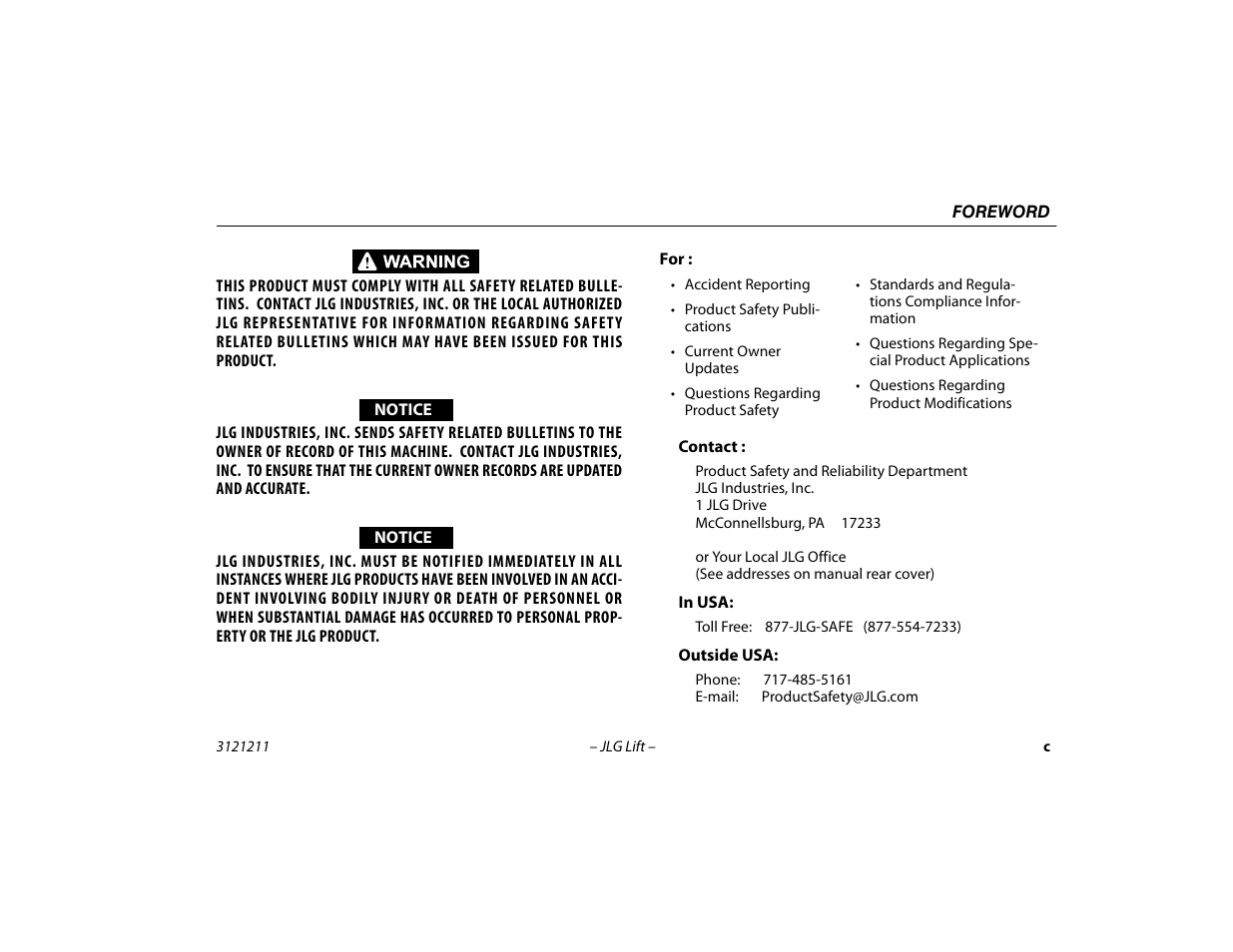 Contact, In usa, Outside usa | JLG 41AM Operator Manual User Manual | Page 5 / 98