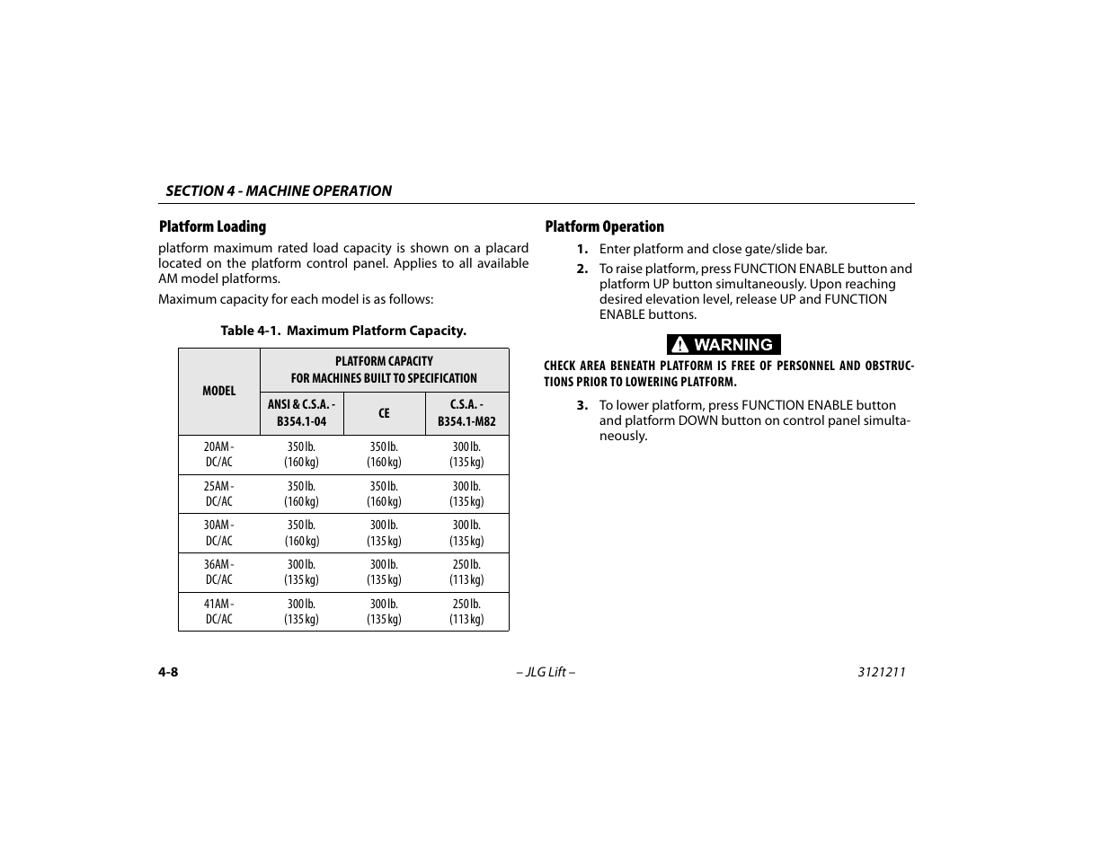 Platform loading, Platform operation, Platform loading -8 platform operation -8 | Maximum platform capacity -8 | JLG 41AM Operator Manual User Manual | Page 52 / 98