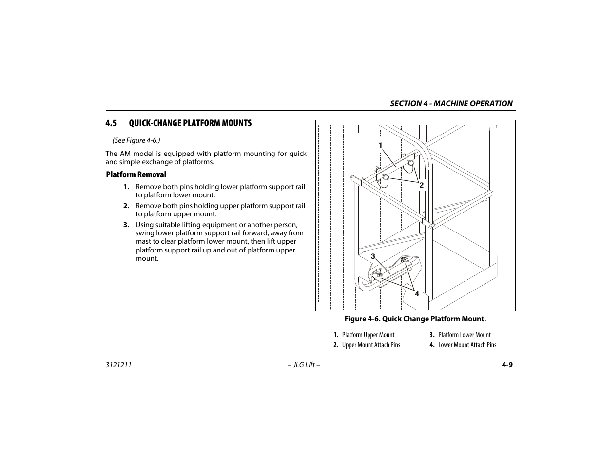 5 quick-change platform mounts, Platform removal, Quick-change platform mounts -9 | Platform removal -9, Quick change platform mount -9 | JLG 41AM Operator Manual User Manual | Page 53 / 98