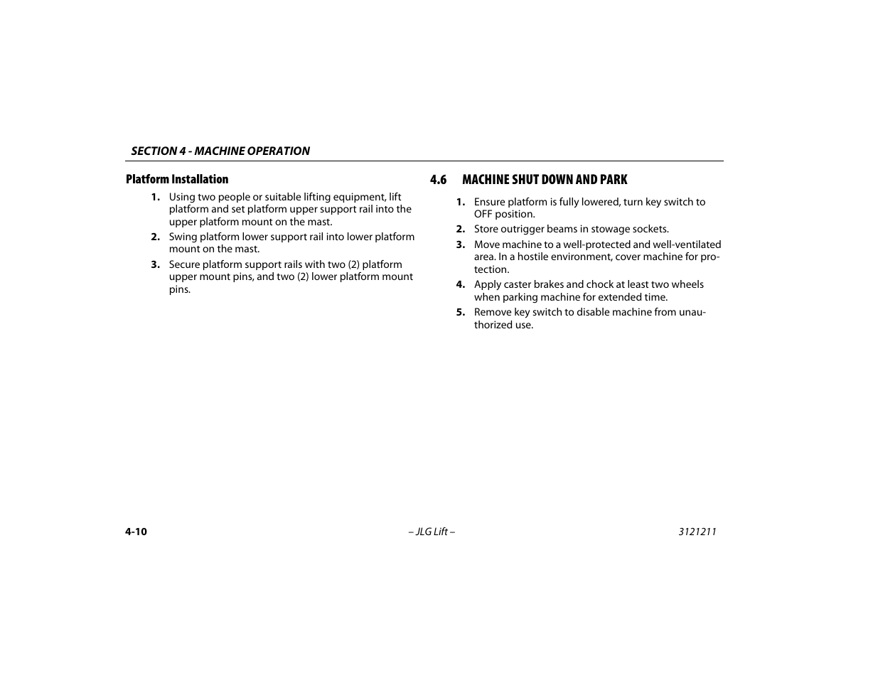 Platform installation, 6 machine shut down and park, Platform installation -10 | Machine shut down and park -10 | JLG 41AM Operator Manual User Manual | Page 54 / 98