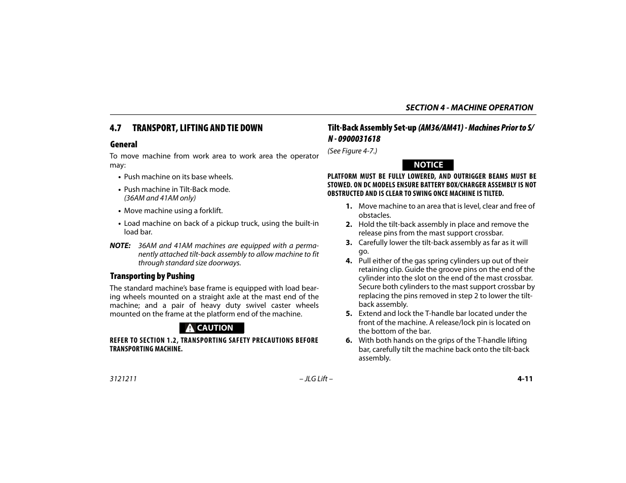 7 transport, lifting and tie down, General, Transporting by pushing | Transport, lifting and tie down -11 | JLG 41AM Operator Manual User Manual | Page 55 / 98
