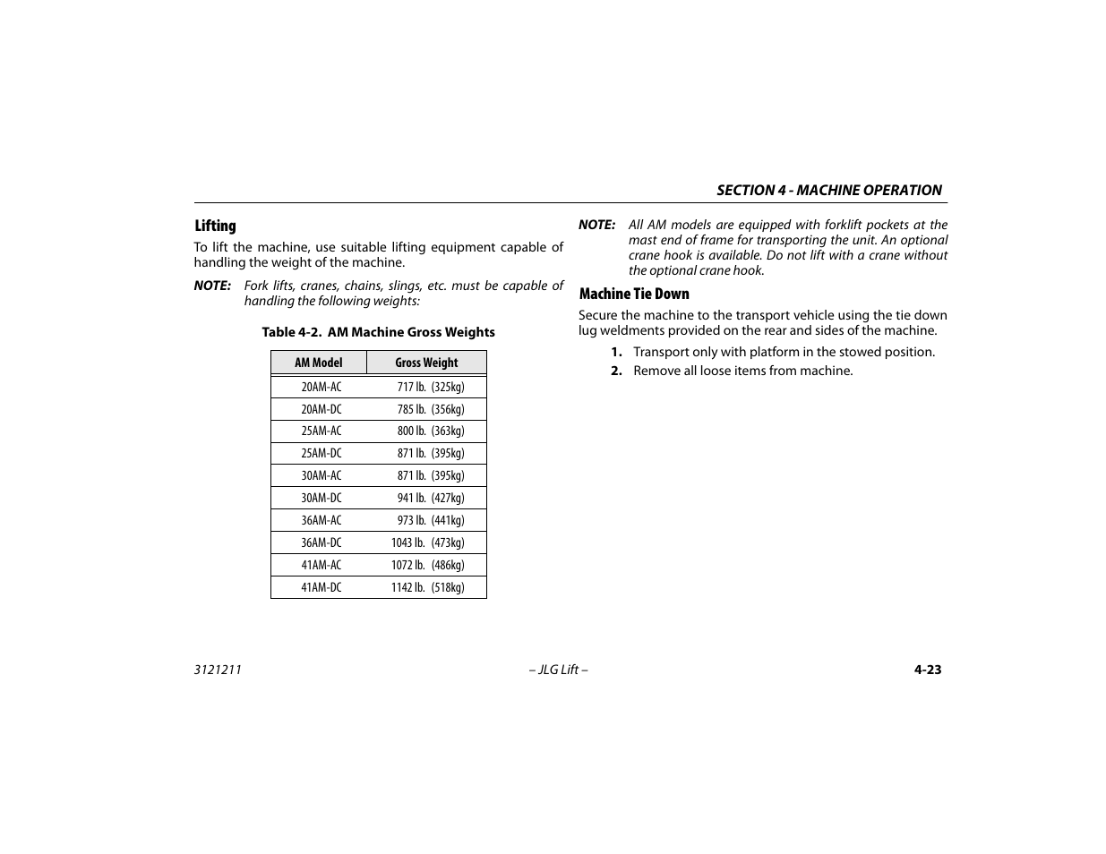 Lifting, Machine tie down, Lifting -23 machine tie down -23 | Am machine gross weights -23 | JLG 41AM Operator Manual User Manual | Page 67 / 98