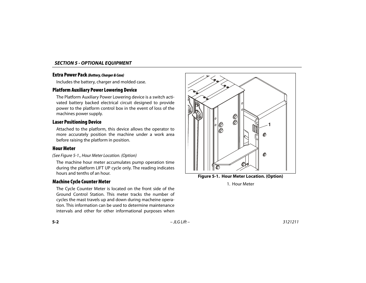 Extra power pack (battery, charger & case), Platform auxiliary power lowering device, Laser positioning device | Hour meter, Machine cycle counter meter, Hour meter location. (option) -2 | JLG 41AM Operator Manual User Manual | Page 70 / 98