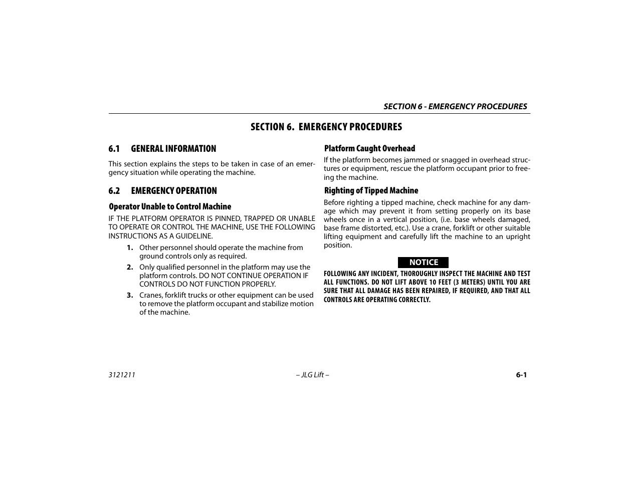 Section 6. emergency procedures, 1 general information, 2 emergency operation | Operator unable to control machine, Platform caught overhead, Righting of tipped machine, Section - 6 - emergency procedures, General information -1, Emergency operation -1 | JLG 41AM Operator Manual User Manual | Page 81 / 98