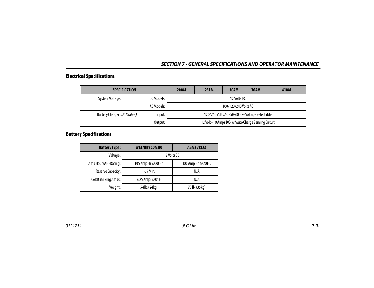 Electrical specifications, Battery specifications | JLG 41AM Operator Manual User Manual | Page 85 / 98