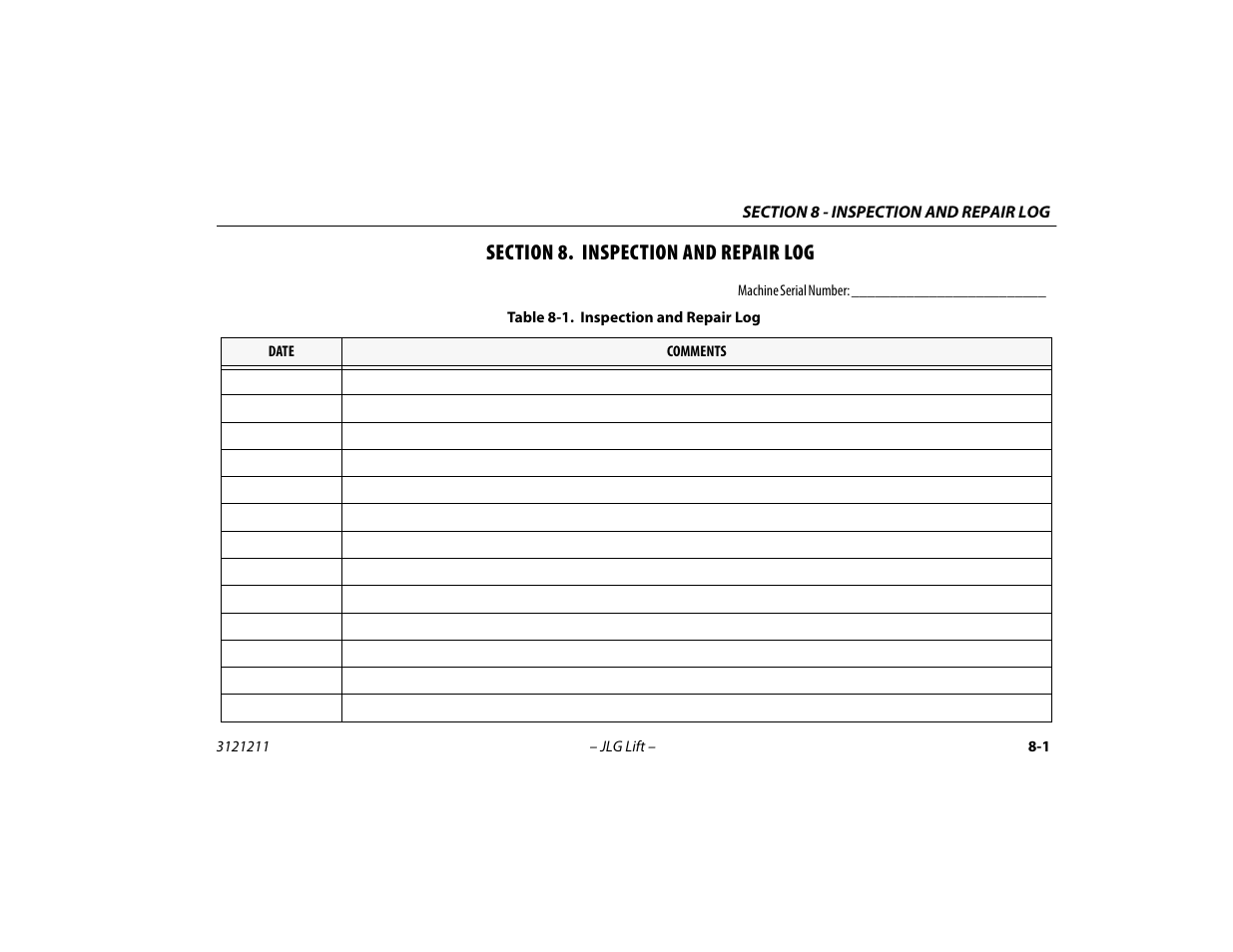 Section 8. inspection and repair log, Section - 8 - inspection and repair log, Inspection and repair log -1 | JLG 41AM Operator Manual User Manual | Page 93 / 98