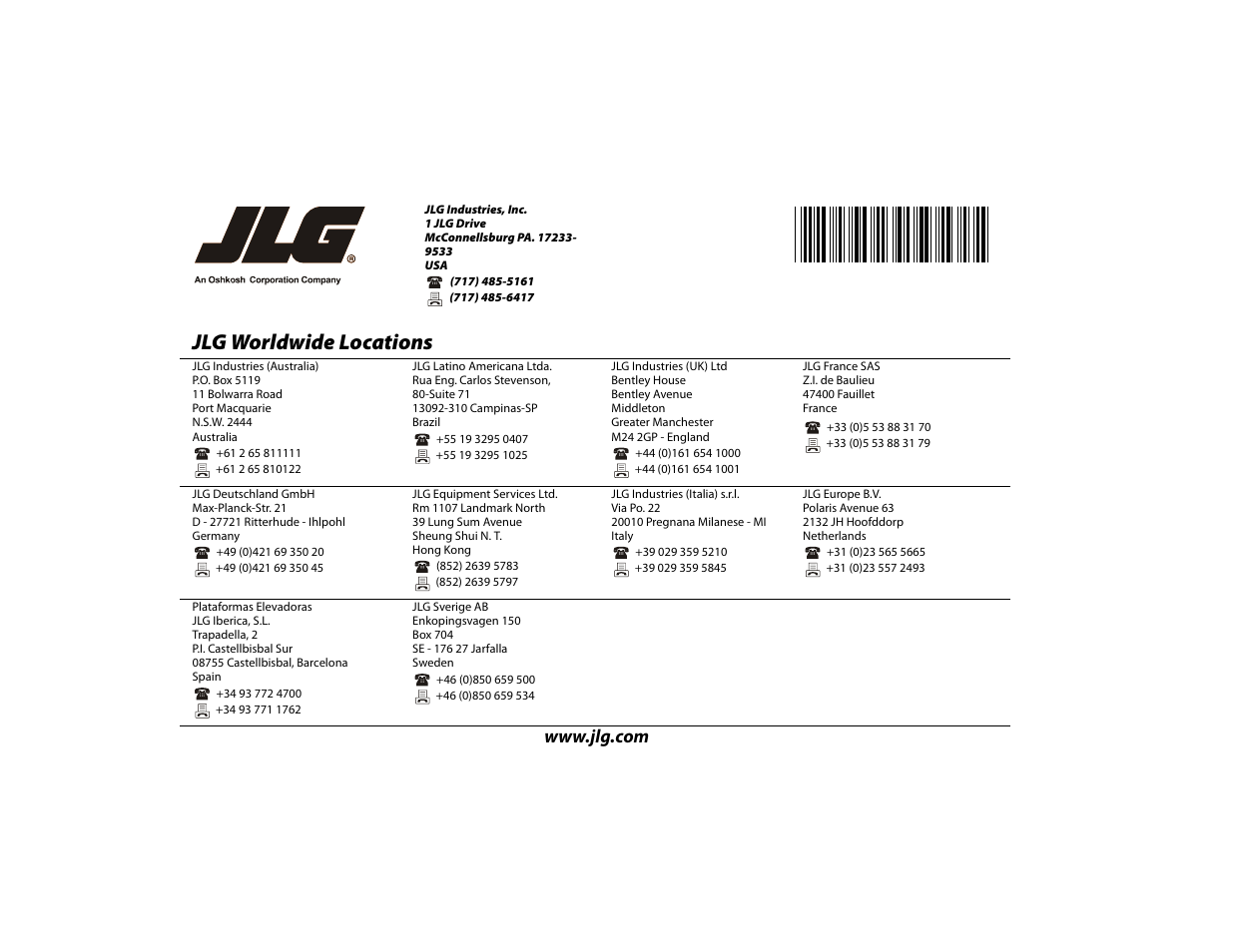 Jlg worldwide locations | JLG 41AM Operator Manual User Manual | Page 98 / 98