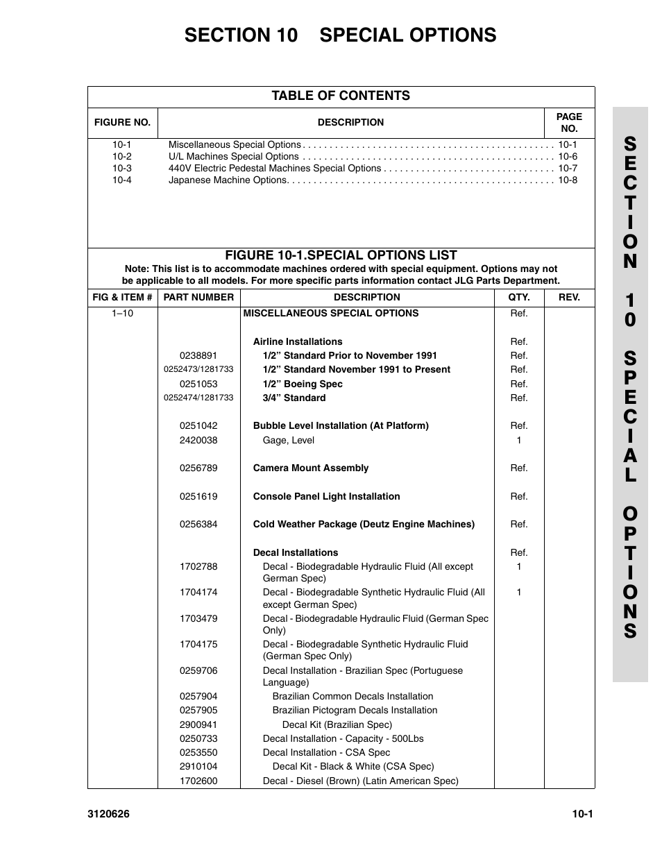 Section 10 special options | JLG 45HA ANSI Parts Manual User Manual | Page 373 / 382